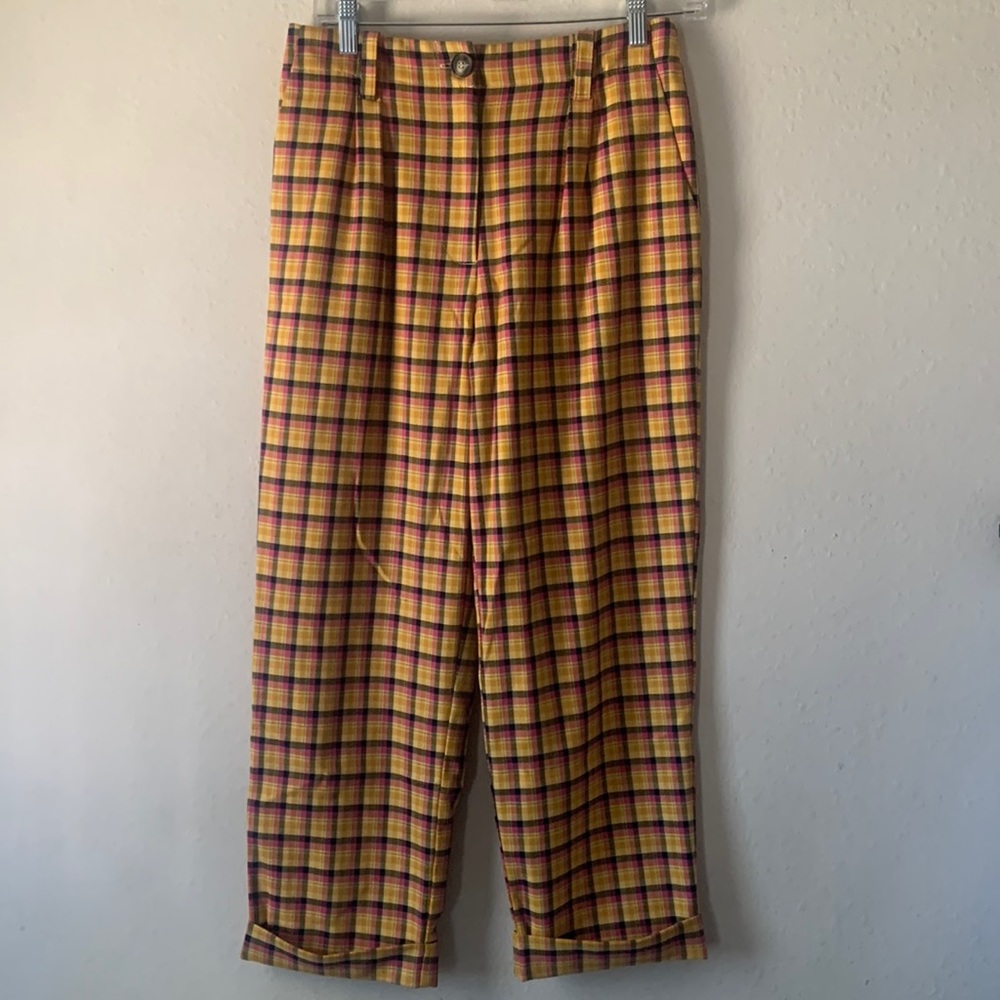 Topshop Women’s Size 6 Plaid Tartan Pleated Pants Yellow Pink